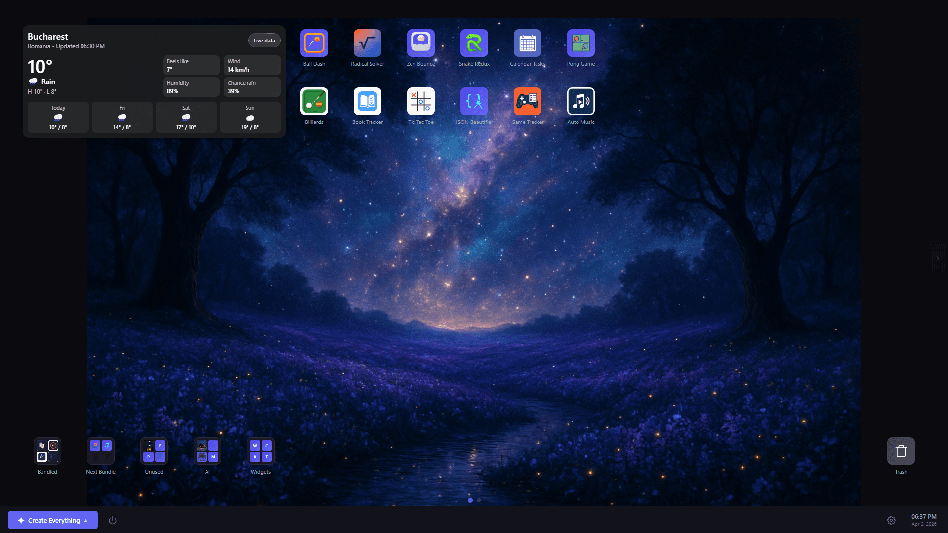 APE desktop with generated apps and weather widget